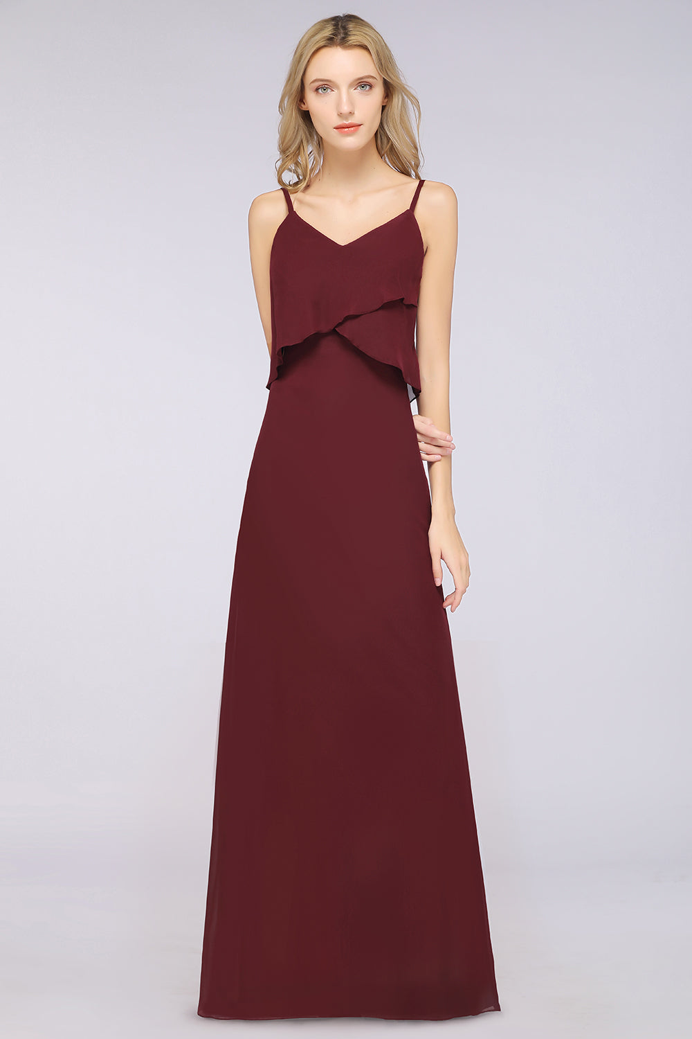 A-Line Chiffon Spaghetti Straps V-Neck Sleeveless Floor Length Bridesmaid Dress