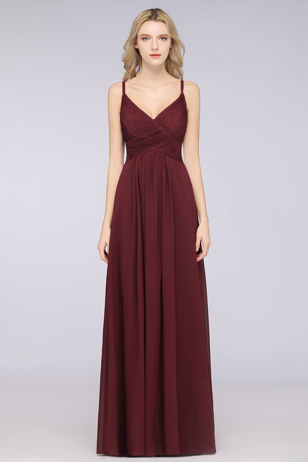 A-Line Chiffon Spaghetti Straps V-Neck Sleeveless Floor Length Bridesmaid Dress with Ruffles