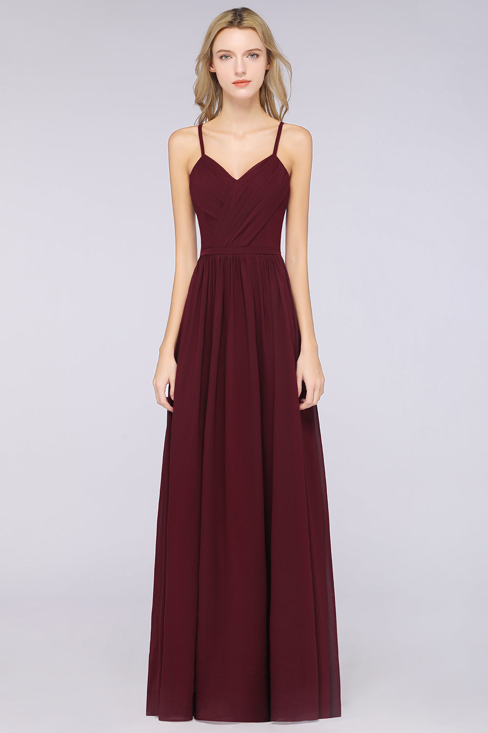 A-Line Chiffon Spaghetti Straps V-Neck Sleeveless Floor Length Bridesmaid Dress with Ruffles