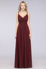 A-Line Chiffon Spaghetti Straps V-Neck Sleeveless Floor Length Bridesmaid Dress with Ruffles