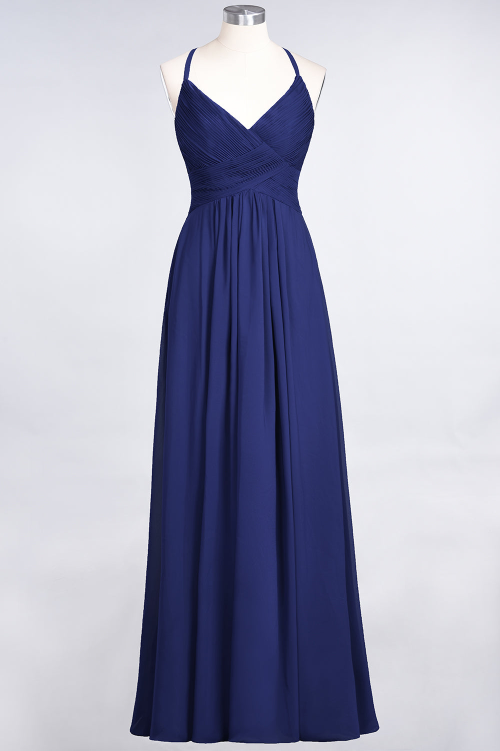 A-Line Chiffon Spaghetti Straps V-Neck Sleeveless Floor Length Bridesmaid Dress with Ruffles