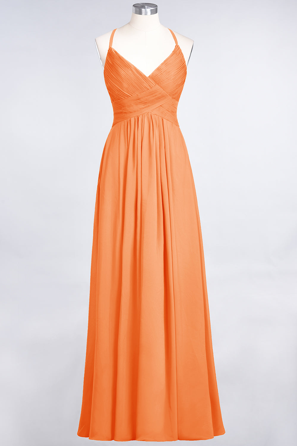 A-Line Chiffon Spaghetti Straps V-Neck Sleeveless Floor Length Bridesmaid Dress with Ruffles