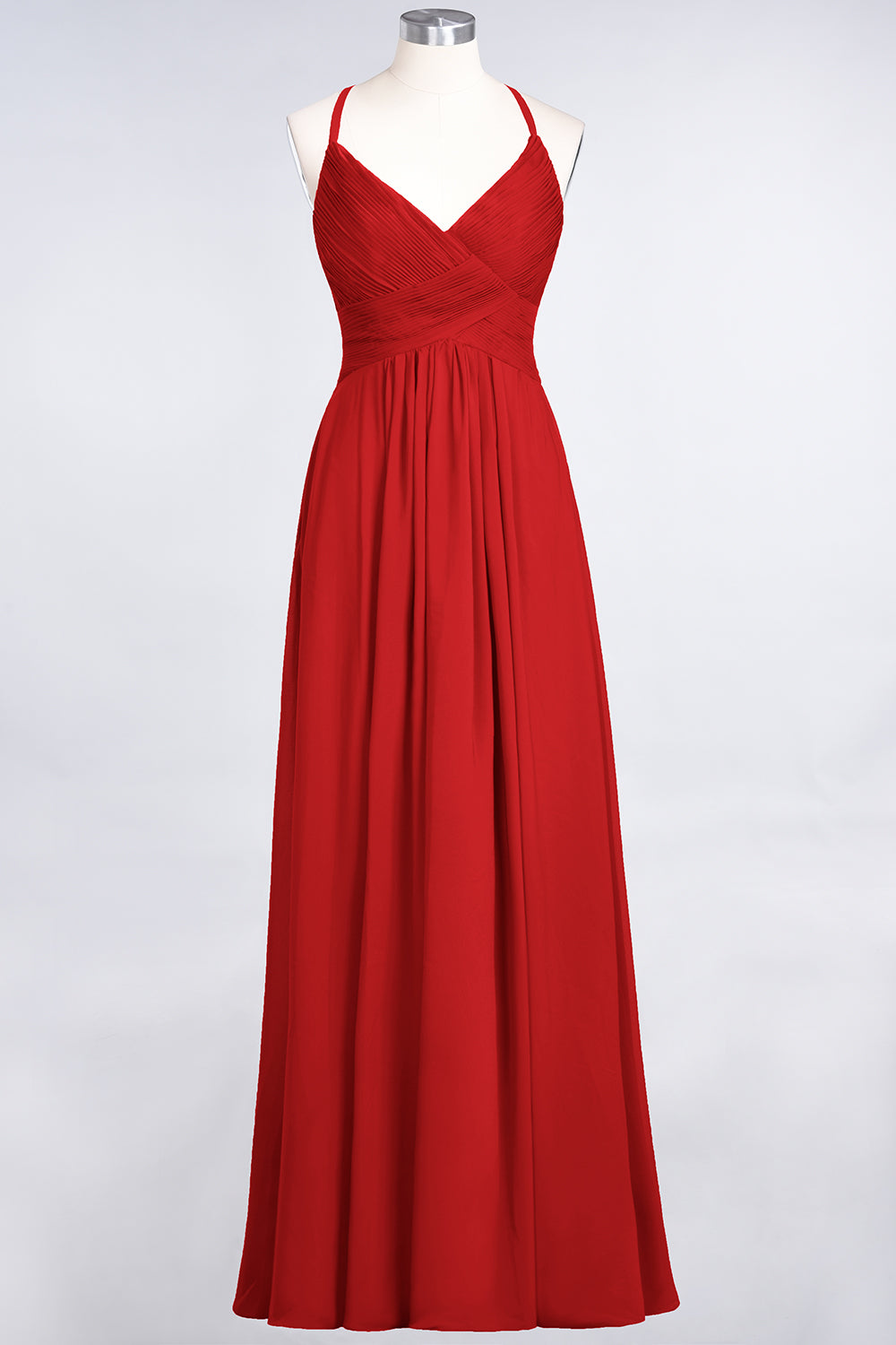 A-Line Chiffon Spaghetti Straps V-Neck Sleeveless Floor Length Bridesmaid Dress with Ruffles