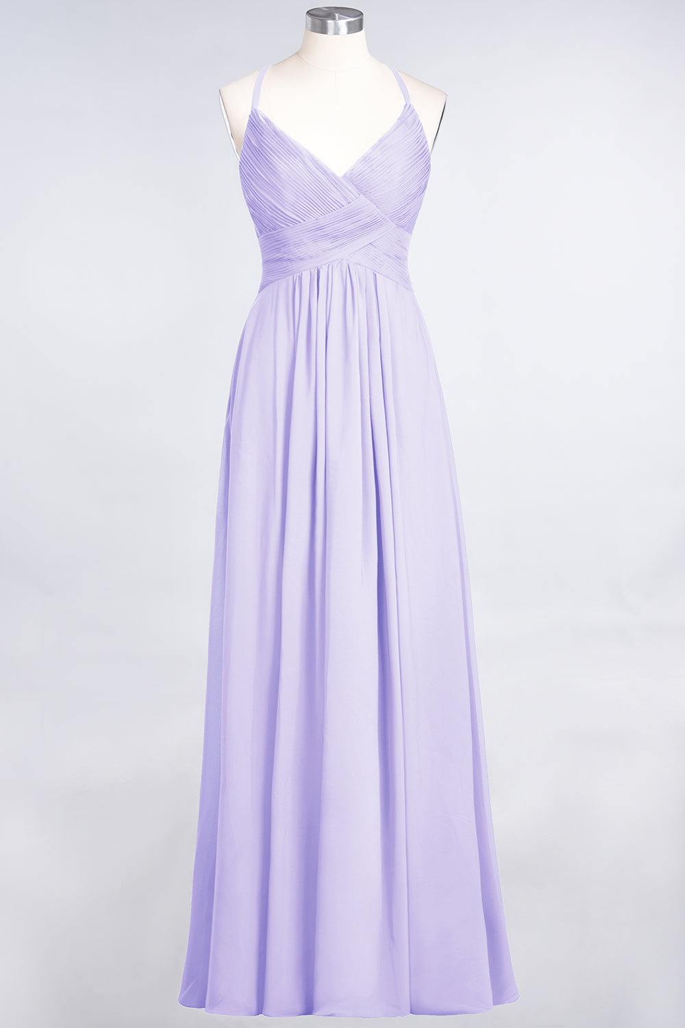 A-Line Chiffon Spaghetti Straps V-Neck Sleeveless Floor Length Bridesmaid Dress with Ruffles