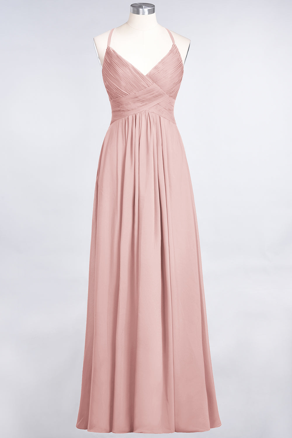 A-Line Chiffon Spaghetti Straps V-Neck Sleeveless Floor Length Bridesmaid Dress with Ruffles