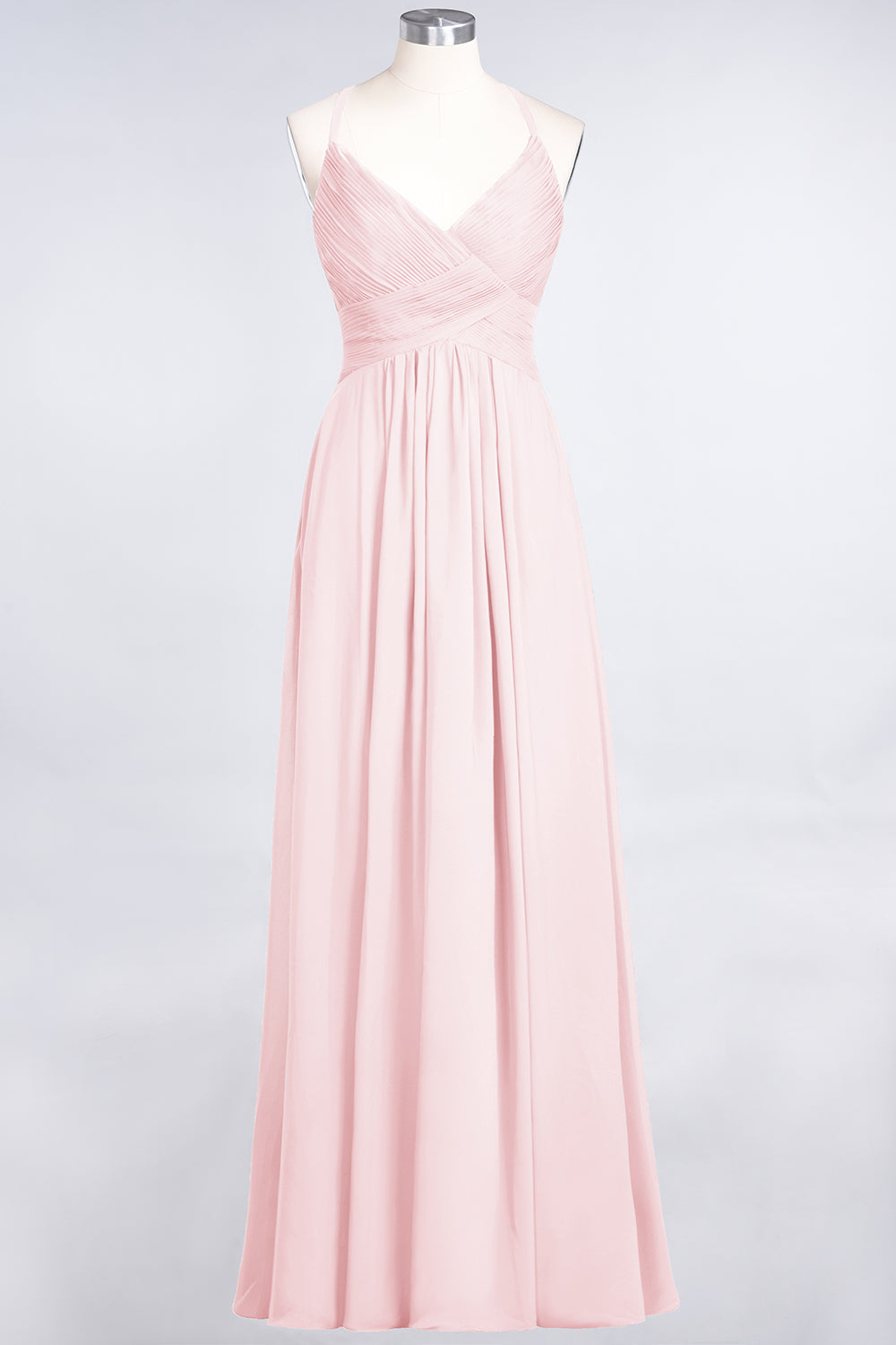 A-Line Chiffon Spaghetti Straps V-Neck Sleeveless Floor Length Bridesmaid Dress with Ruffles