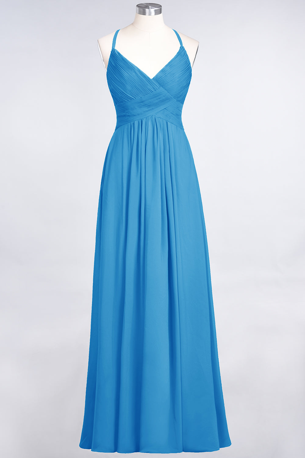 A-Line Chiffon Spaghetti Straps V-Neck Sleeveless Floor Length Bridesmaid Dress with Ruffles
