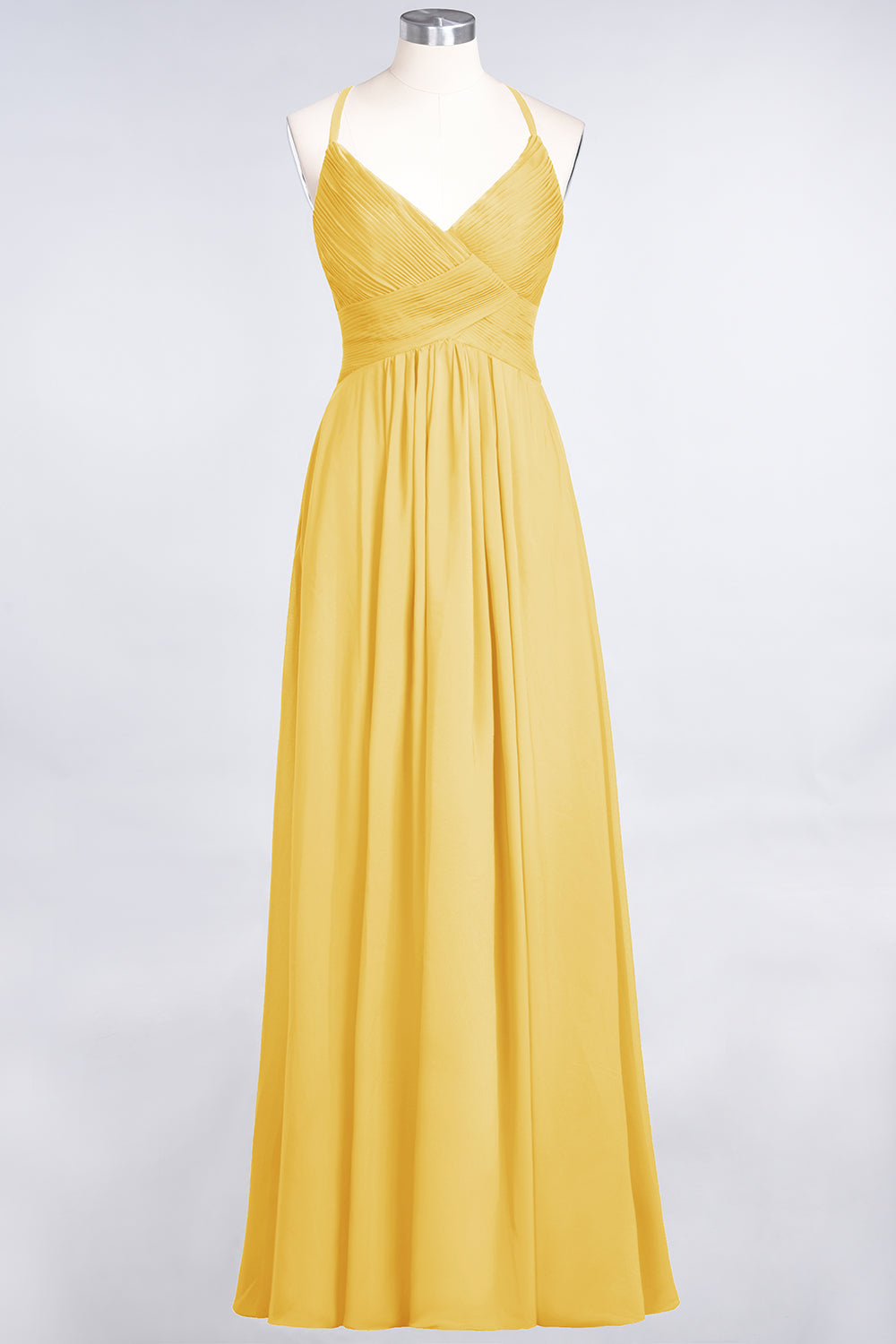 A-Line Chiffon Spaghetti Straps V-Neck Sleeveless Floor Length Bridesmaid Dress with Ruffles