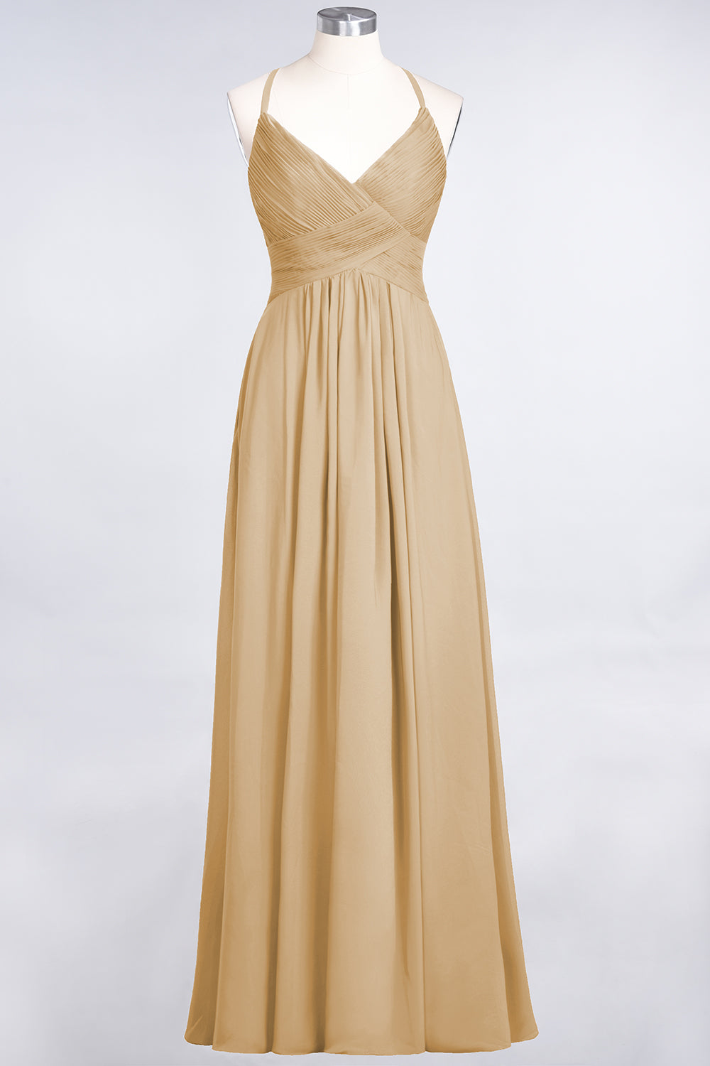 A-Line Chiffon Spaghetti Straps V-Neck Sleeveless Floor Length Bridesmaid Dress with Ruffles