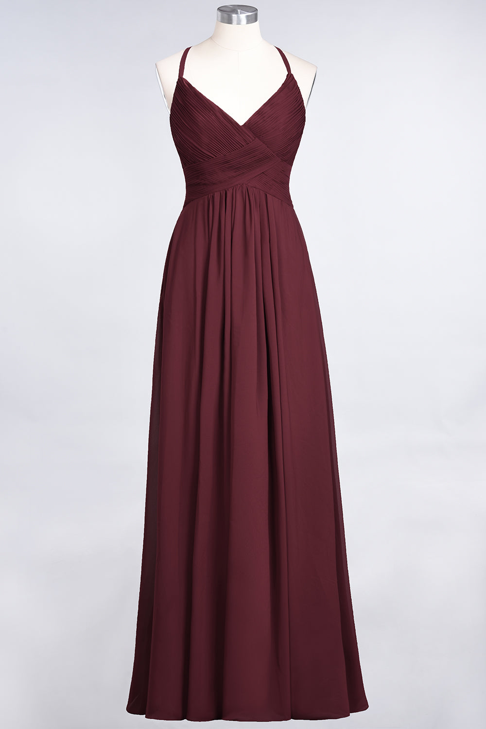 A-Line Chiffon Spaghetti Straps V-Neck Sleeveless Floor Length Bridesmaid Dress with Ruffles