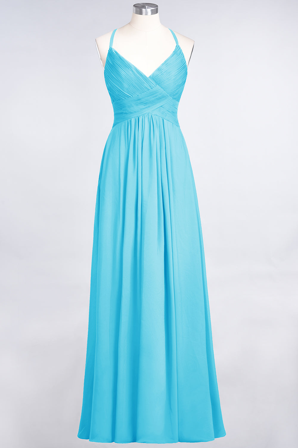 A-Line Chiffon Spaghetti Straps V-Neck Sleeveless Floor Length Bridesmaid Dress with Ruffles