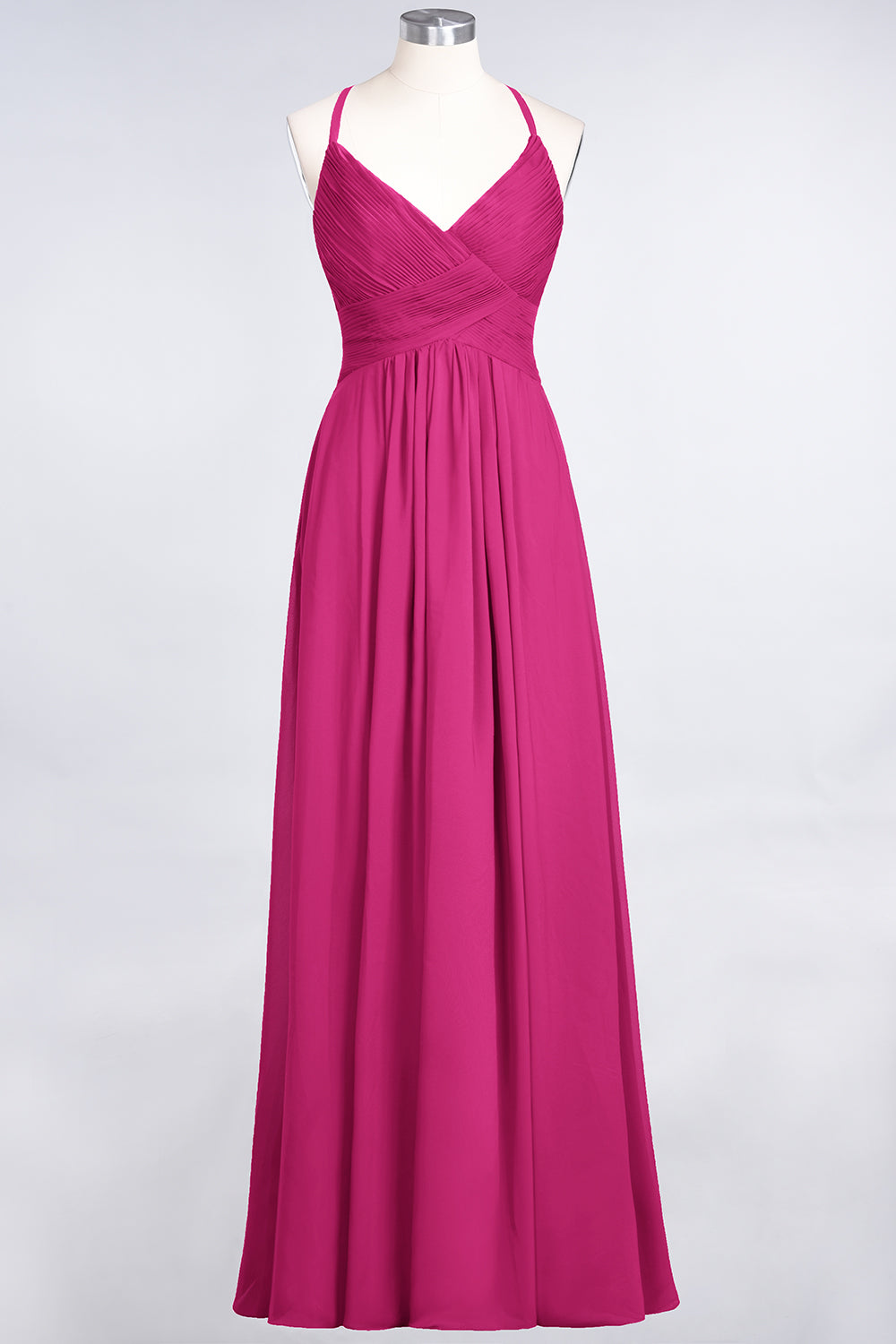 A-Line Chiffon Spaghetti Straps V-Neck Sleeveless Floor Length Bridesmaid Dress with Ruffles