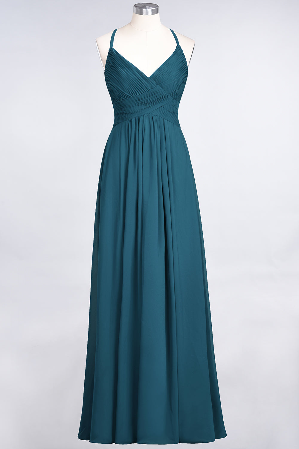 A-Line Chiffon Spaghetti Straps V-Neck Sleeveless Floor Length Bridesmaid Dress with Ruffles
