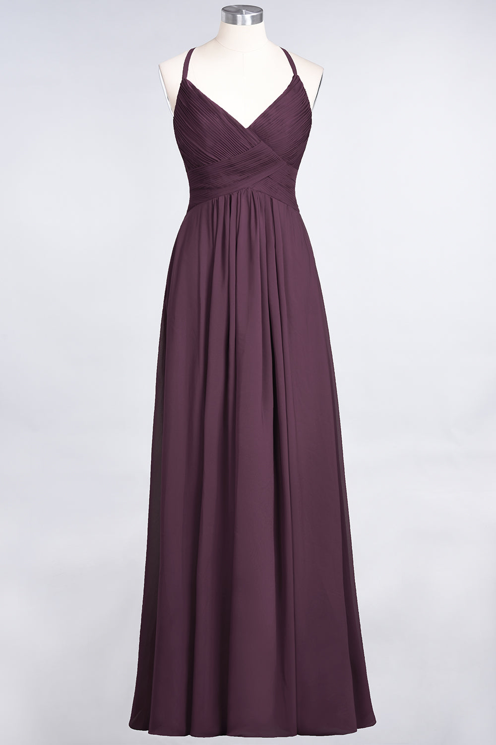 A-Line Chiffon Spaghetti Straps V-Neck Sleeveless Floor Length Bridesmaid Dress with Ruffles