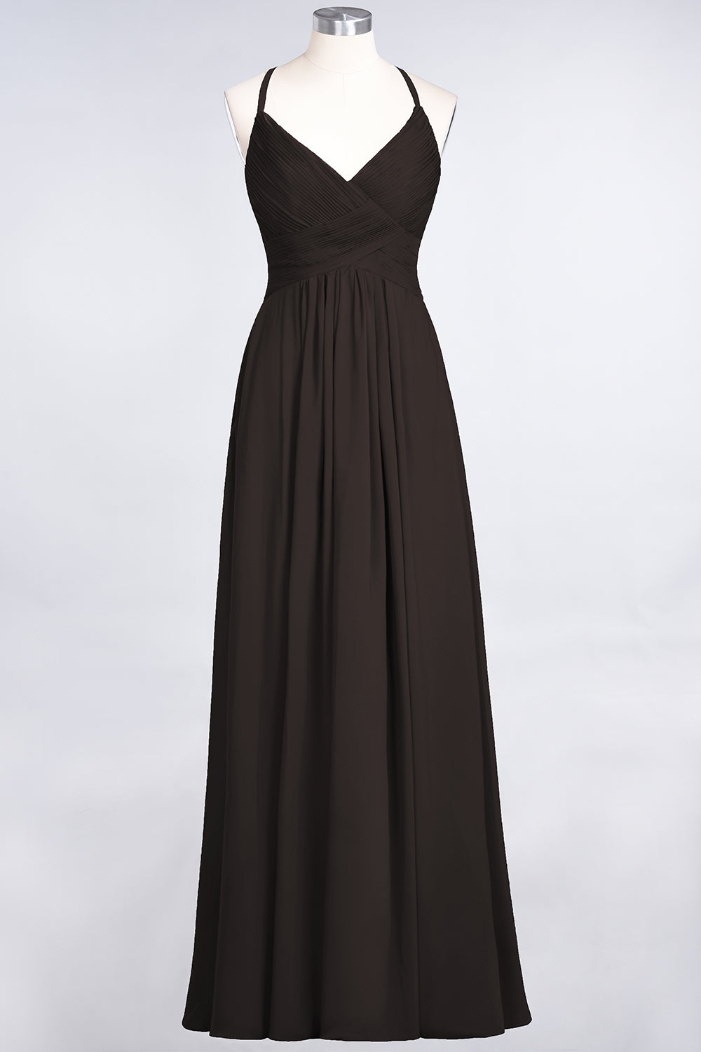 A-Line Chiffon Spaghetti Straps V-Neck Sleeveless Floor Length Bridesmaid Dress with Ruffles