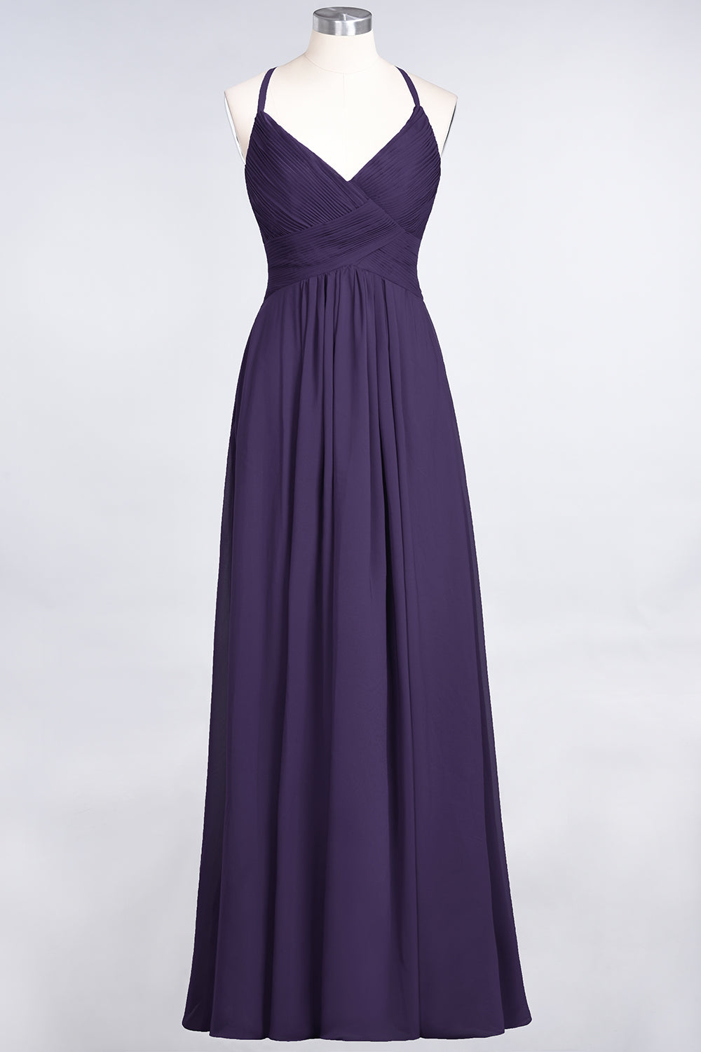 A-Line Chiffon Spaghetti Straps V-Neck Sleeveless Floor Length Bridesmaid Dress with Ruffles
