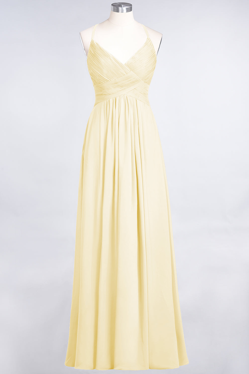 A-Line Chiffon Spaghetti Straps V-Neck Sleeveless Floor Length Bridesmaid Dress with Ruffles