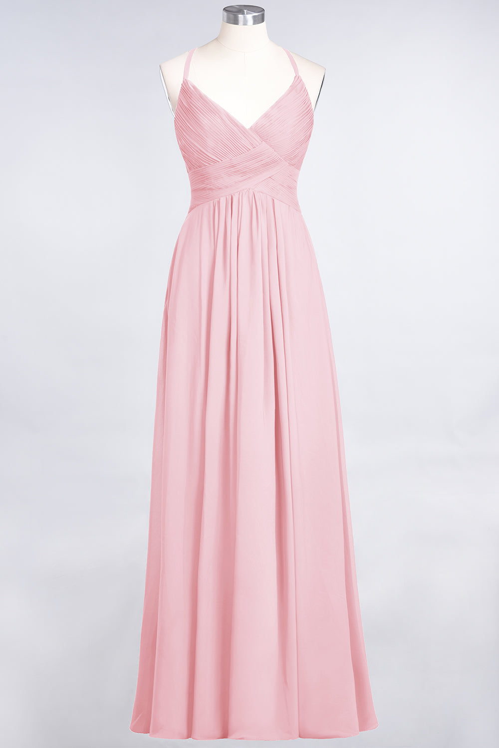 A-Line Chiffon Spaghetti Straps V-Neck Sleeveless Floor Length Bridesmaid Dress with Ruffles