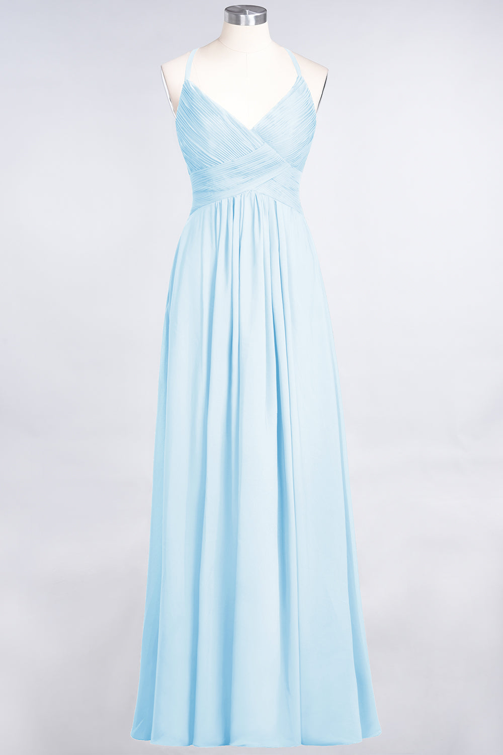 A-Line Chiffon Spaghetti Straps V-Neck Sleeveless Floor Length Bridesmaid Dress with Ruffles