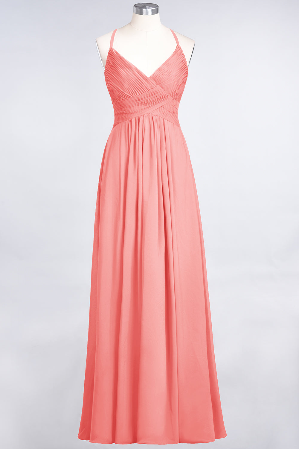 A-Line Chiffon Spaghetti Straps V-Neck Sleeveless Floor Length Bridesmaid Dress with Ruffles
