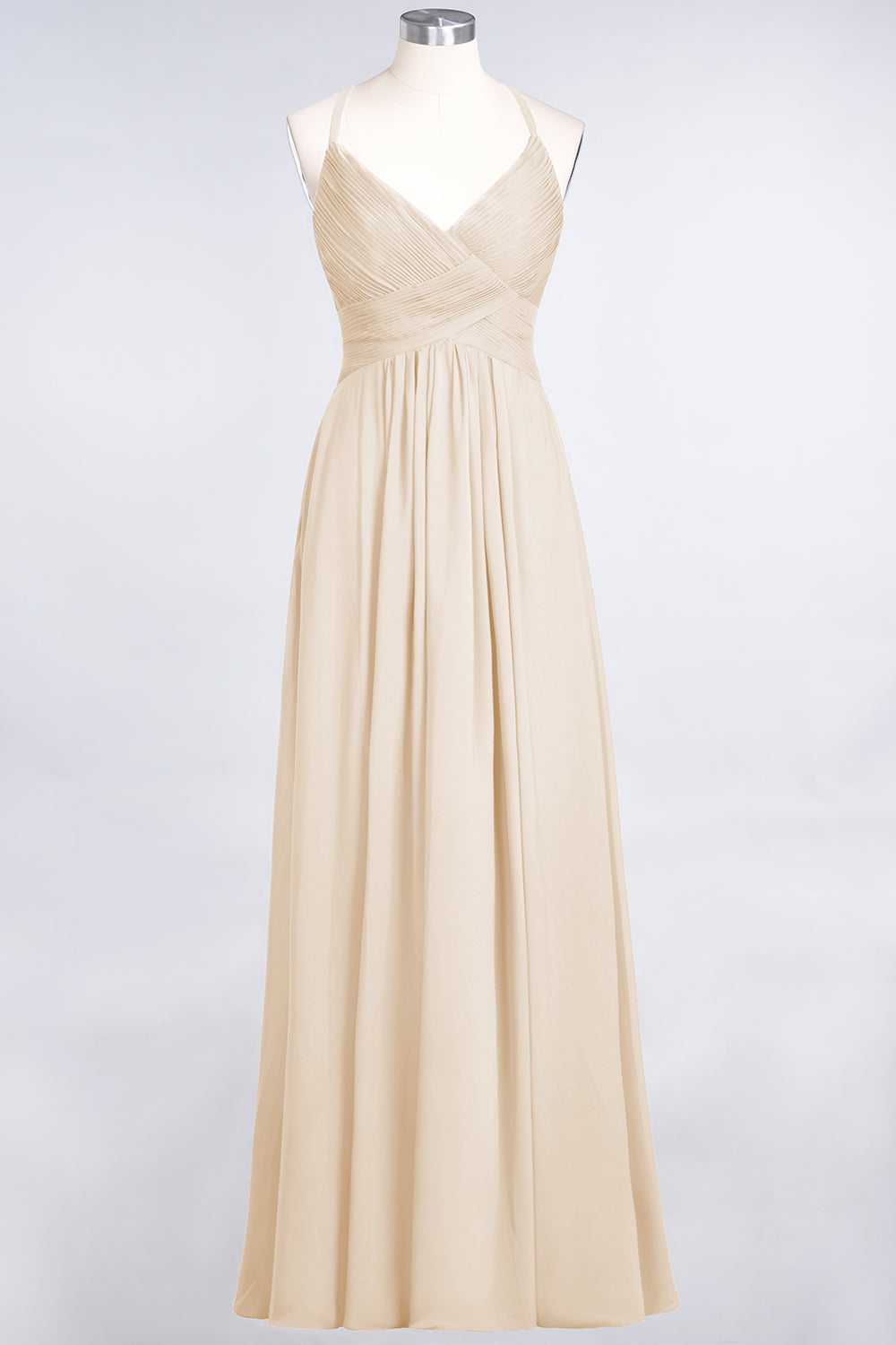 A-Line Chiffon Spaghetti Straps V-Neck Sleeveless Floor Length Bridesmaid Dress with Ruffles