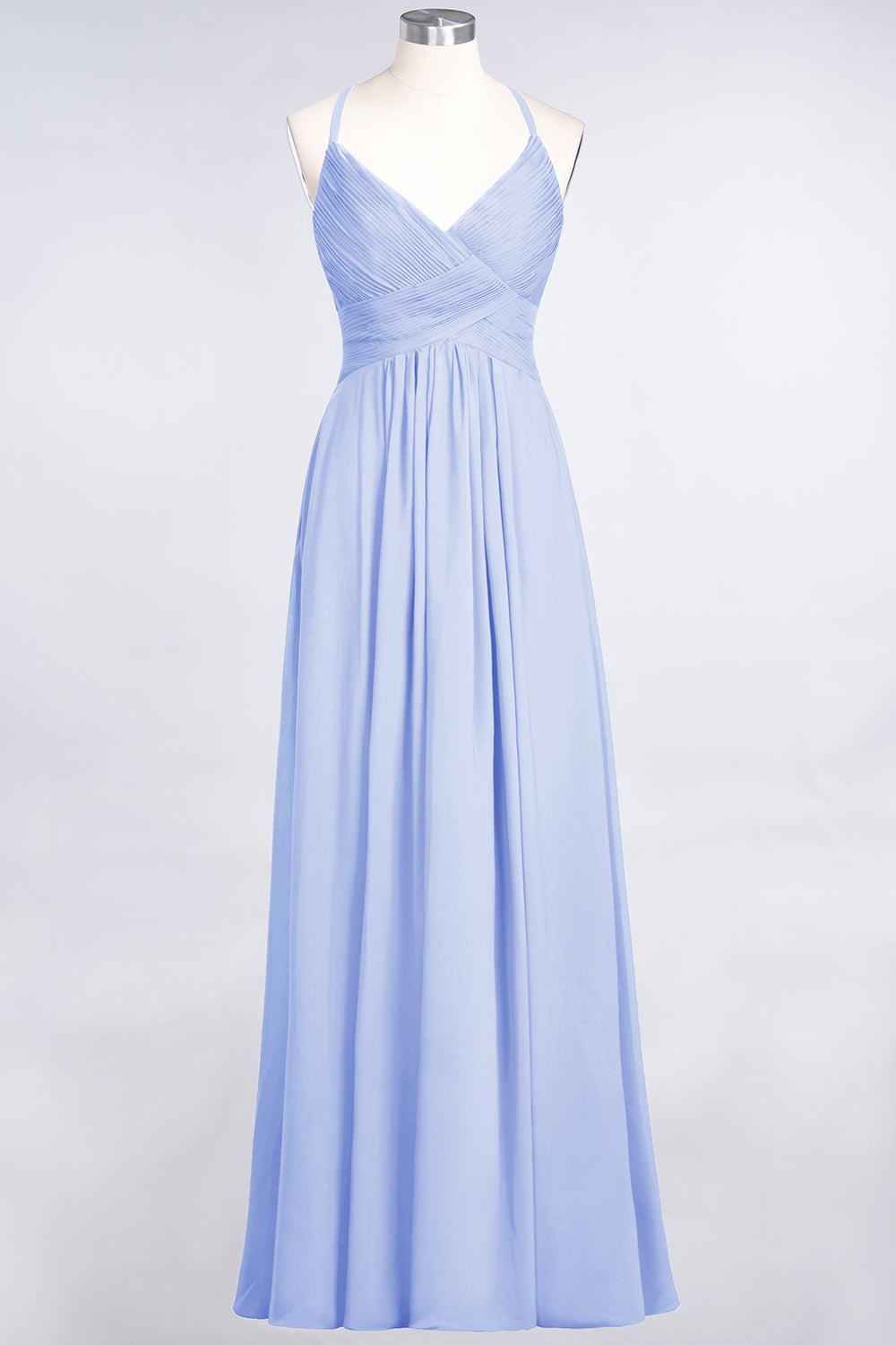 A-Line Chiffon Spaghetti Straps V-Neck Sleeveless Floor Length Bridesmaid Dress with Ruffles