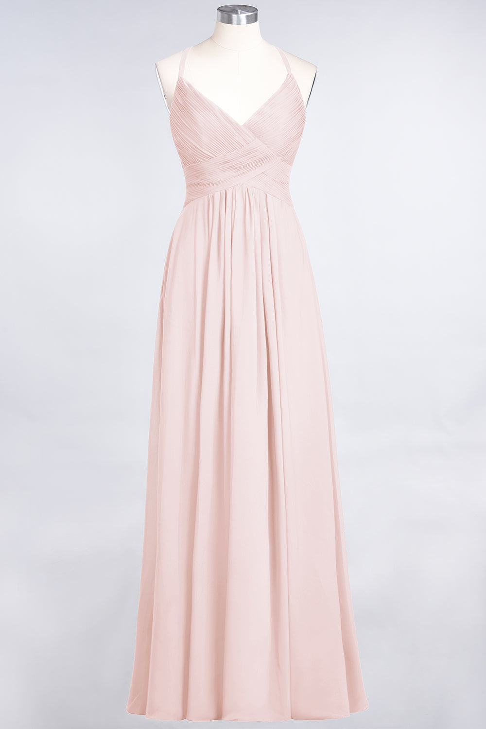 A-Line Chiffon Spaghetti Straps V-Neck Sleeveless Floor Length Bridesmaid Dress with Ruffles
