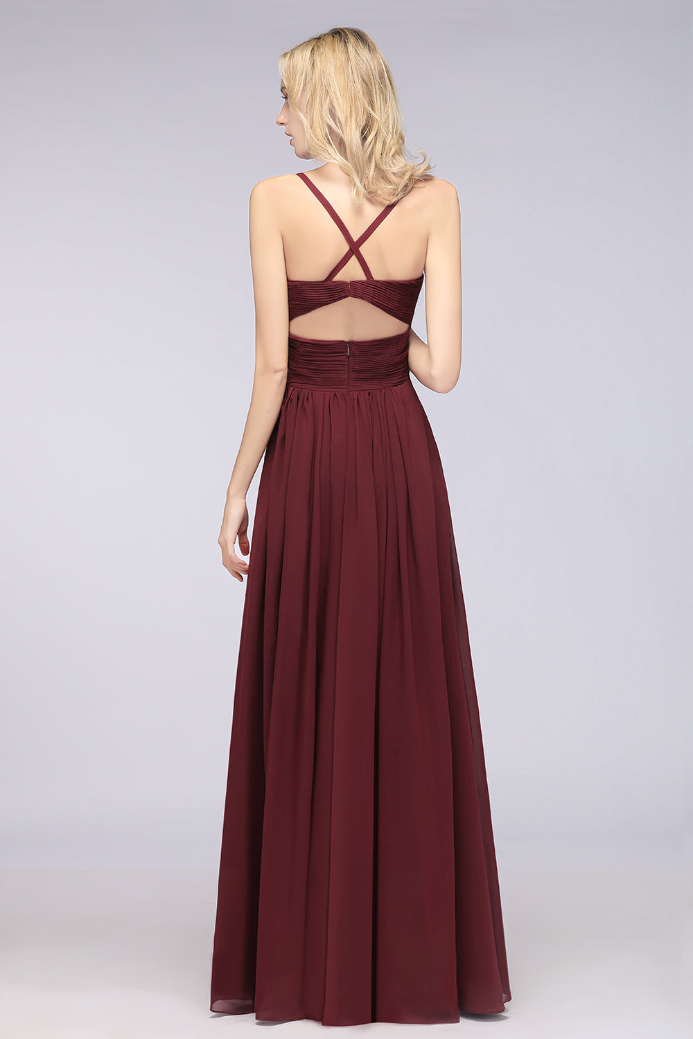A-Line Chiffon Spaghetti Straps V-Neck Sleeveless Floor Length Bridesmaid Dress with Ruffles