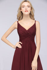 A-Line Chiffon Spaghetti Straps V-Neck Sleeveless Floor Length Bridesmaid Dress with Ruffles