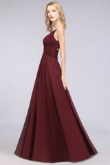 A-Line Chiffon Spaghetti Straps V-Neck Sleeveless Floor Length Bridesmaid Dress with Ruffles