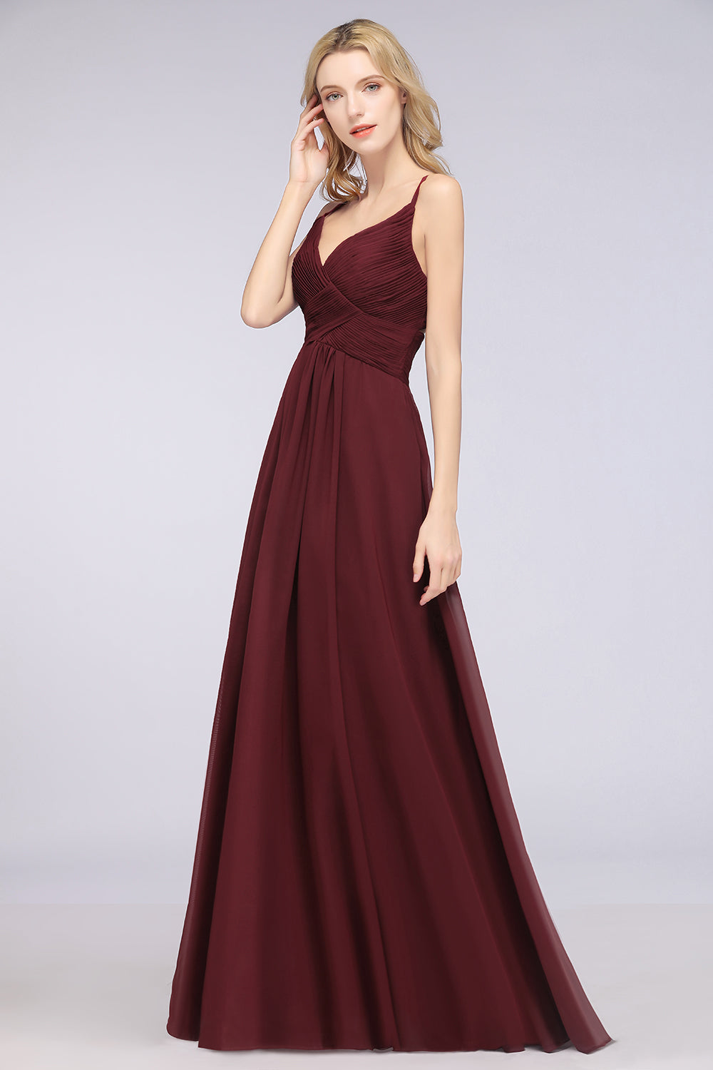 A-Line Chiffon Spaghetti Straps V-Neck Sleeveless Floor Length Bridesmaid Dress with Ruffles