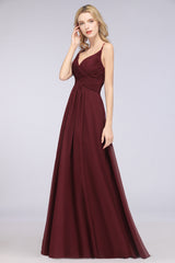 A-Line Chiffon Spaghetti Straps V-Neck Sleeveless Floor Length Bridesmaid Dress with Ruffles