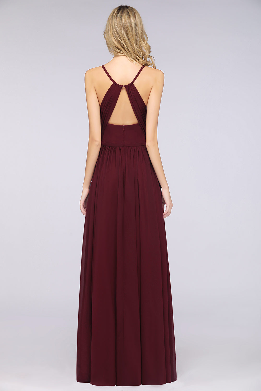 A-Line Chiffon Spaghetti Straps V-Neck Sleeveless Floor Length Bridesmaid Dress with Ruffles