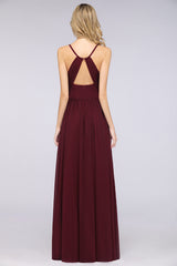 A-Line Chiffon Spaghetti Straps V-Neck Sleeveless Floor Length Bridesmaid Dress with Ruffles