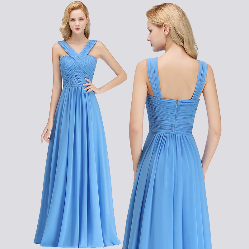 A-Line Chiffon Straps Sleeveless Ruffles Floor Length Bridesmaid Dresses
