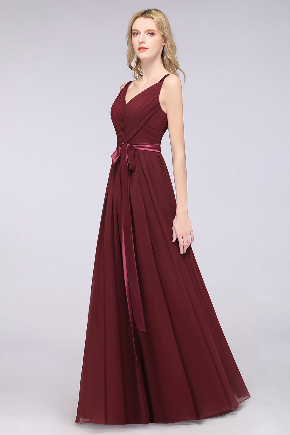 A-Line Chiffon Straps V-Neck Sleeveless Backless Floor Length Bridesmaid Dress with Ruffles