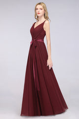 A-Line Chiffon Straps V-Neck Sleeveless Backless Floor Length Bridesmaid Dress with Ruffles