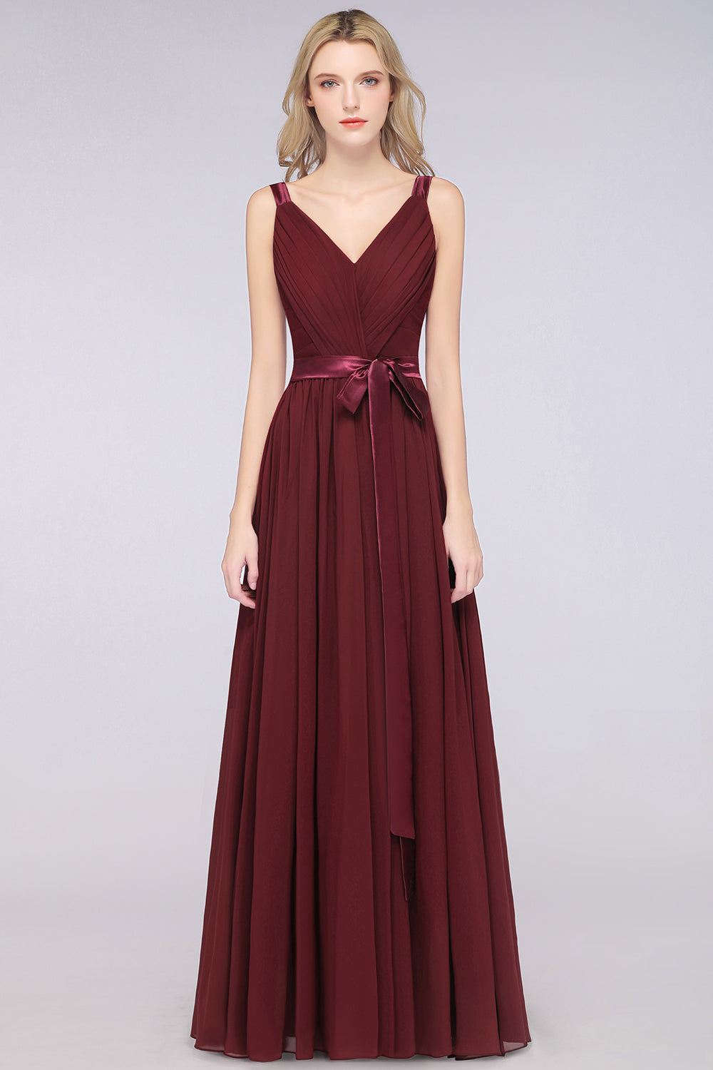 A-Line Chiffon Straps V-Neck Sleeveless Backless Floor Length Bridesmaid Dress with Ruffles