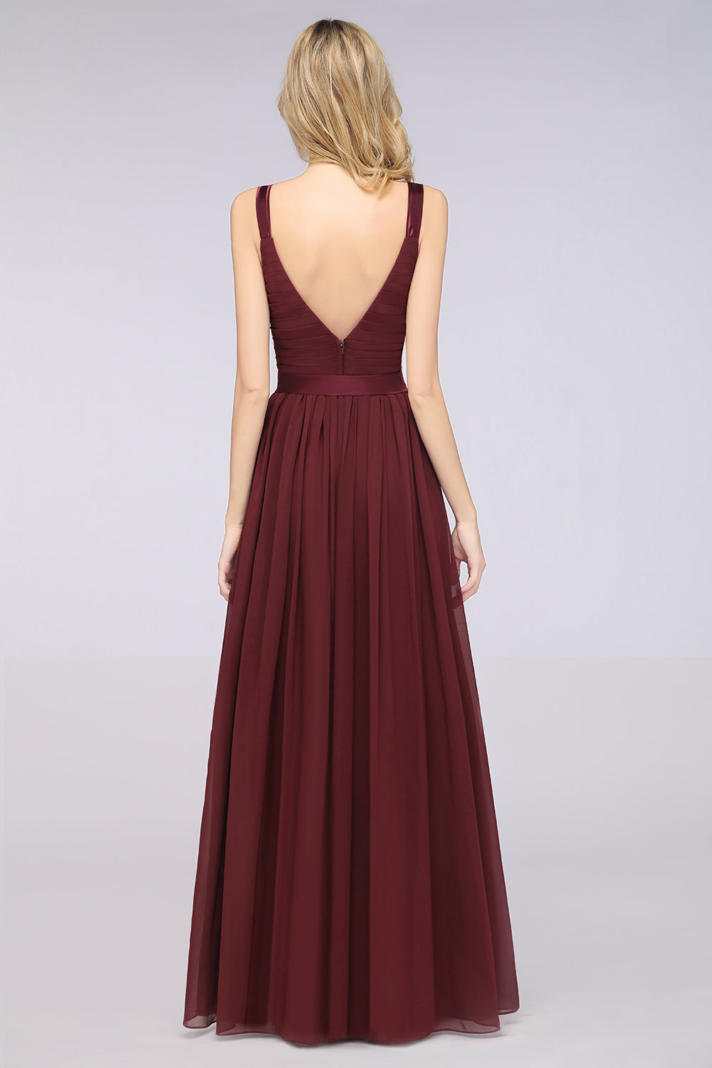 A-Line Chiffon Straps V-Neck Sleeveless Backless Floor Length Bridesmaid Dress with Ruffles