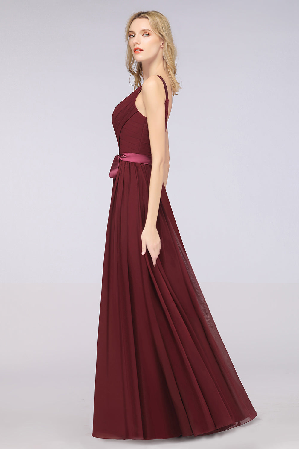 A-Line Chiffon Straps V-Neck Sleeveless Backless Floor Length Bridesmaid Dress with Ruffles
