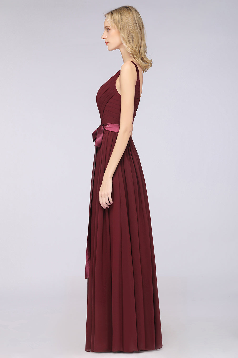 A-Line Chiffon Straps V-Neck Sleeveless Backless Floor Length Bridesmaid Dress with Ruffles