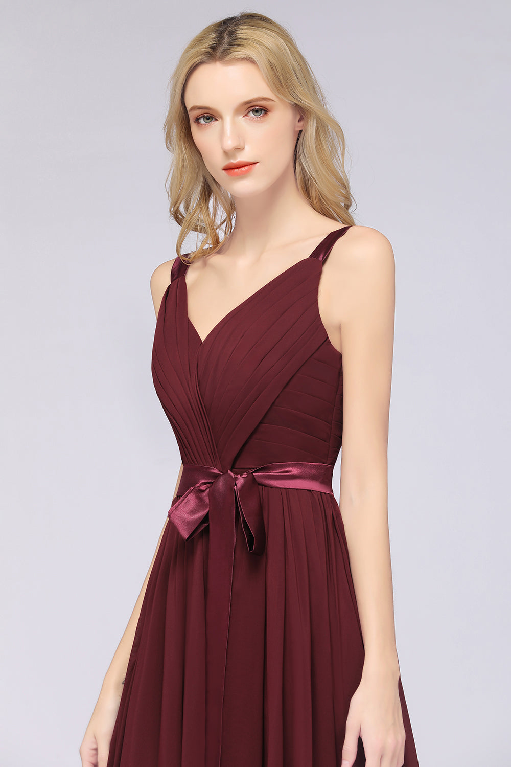 A-Line Chiffon Straps V-Neck Sleeveless Backless Floor Length Bridesmaid Dress with Ruffles
