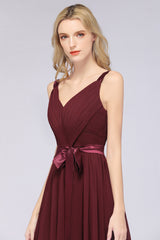 A-Line Chiffon Straps V-Neck Sleeveless Backless Floor Length Bridesmaid Dress with Ruffles