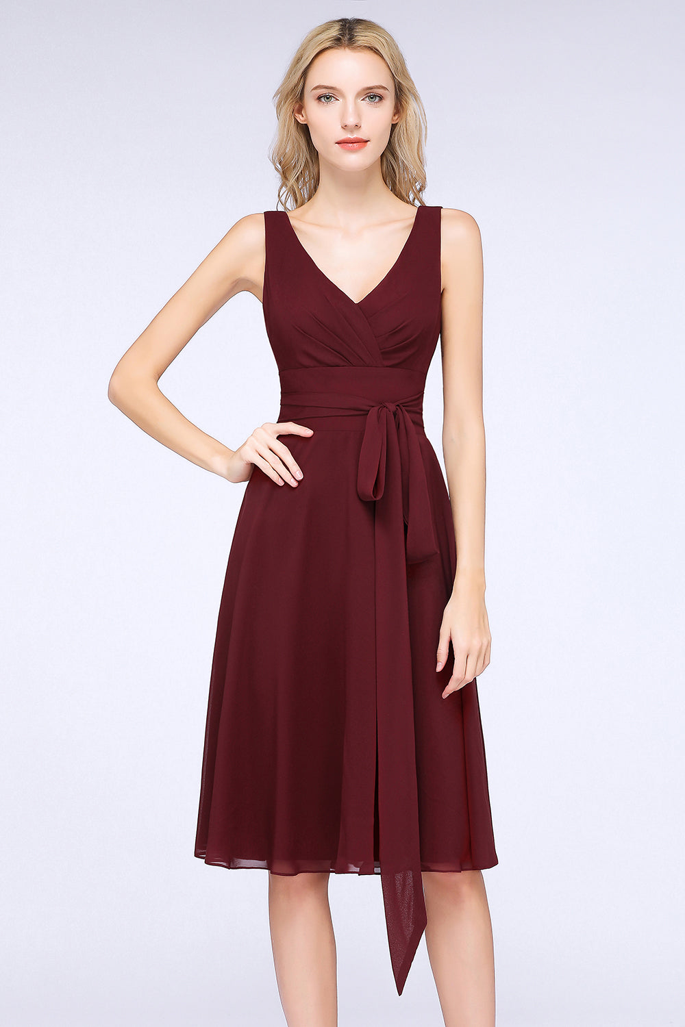 A-Line Chiffon Straps V-Neck Sleeveless Ruffles Knee-Length Bridesmaid Dress with Bow Sash