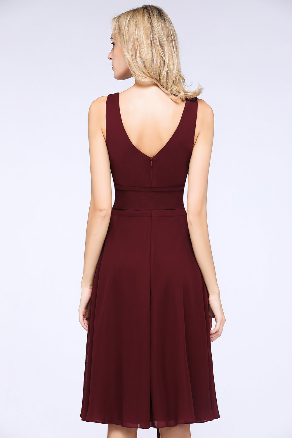 A-Line Chiffon Straps V-Neck Sleeveless Ruffles Knee-Length Bridesmaid Dress with Bow Sash