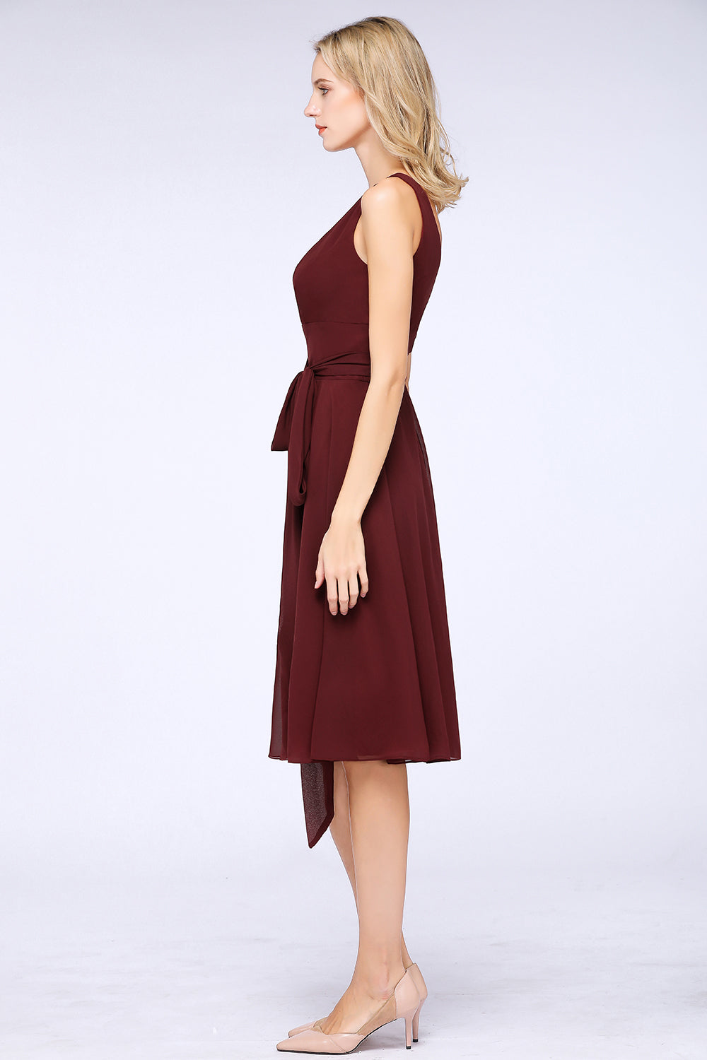 A-Line Chiffon Straps V-Neck Sleeveless Ruffles Knee-Length Bridesmaid Dress with Bow Sash