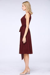 A-Line Chiffon Straps V-Neck Sleeveless Ruffles Knee-Length Bridesmaid Dress with Bow Sash