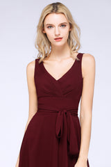 A-Line Chiffon Straps V-Neck Sleeveless Ruffles Knee-Length Bridesmaid Dress with Bow Sash