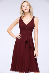 A-Line Chiffon Straps V-Neck Sleeveless Ruffles Knee-Length Bridesmaid Dress with Bow Sash