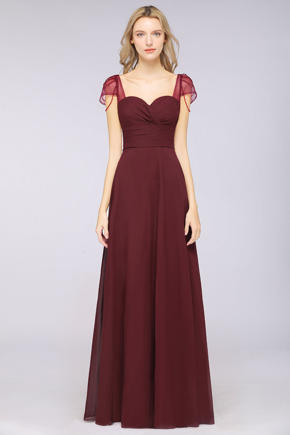 A-Line Chiffon Sweetheart Cap-Sleeves Ruffle Floor Length Bridesmaid Dress with Beadings